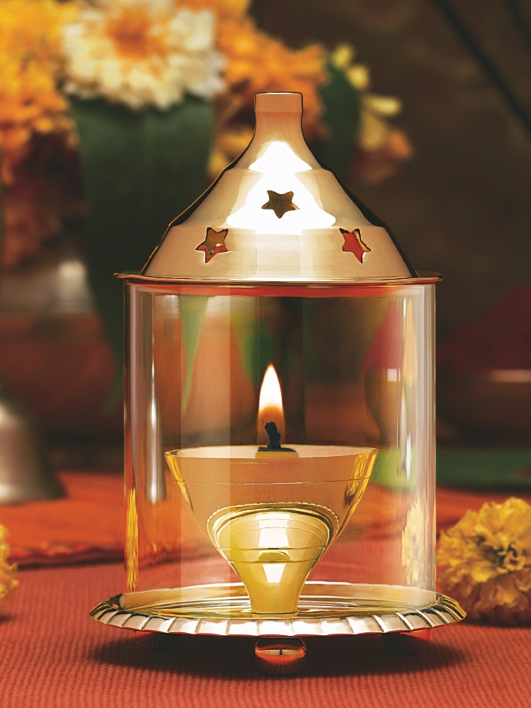 

BOROSIL Akhand Diya Golden Decorative Glass Oil Lamp Tea Light Holder With Glass Chimney, Gold