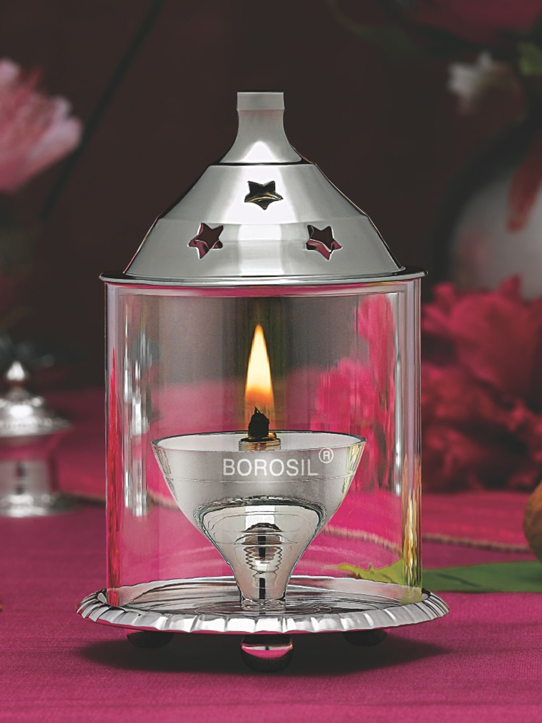 

BOROSIL Akhand Diya Silver Toned Decorative Nickle Glass Oil Lamp With Glass Chimney