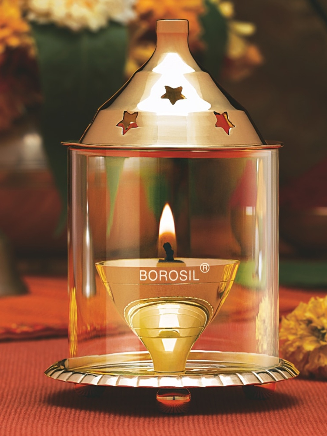 

BOROSIL Akhand Diya Gold Toned Oil Lamp & Tea Light Holder with Glass Chimney