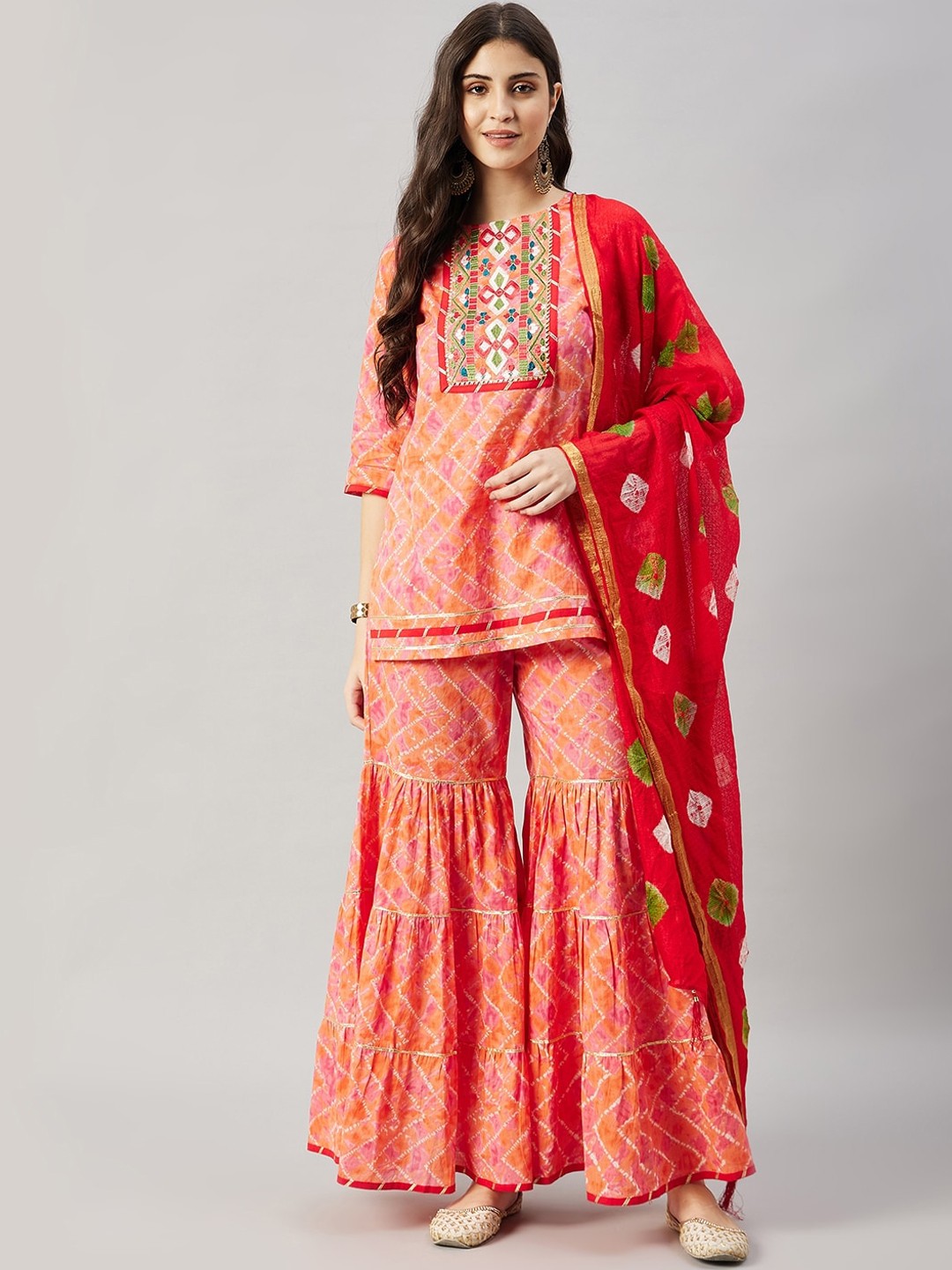 

WineRed Printed Gotta Patti Pure Cotton Kurti with Sharara & Dupatta, Orange