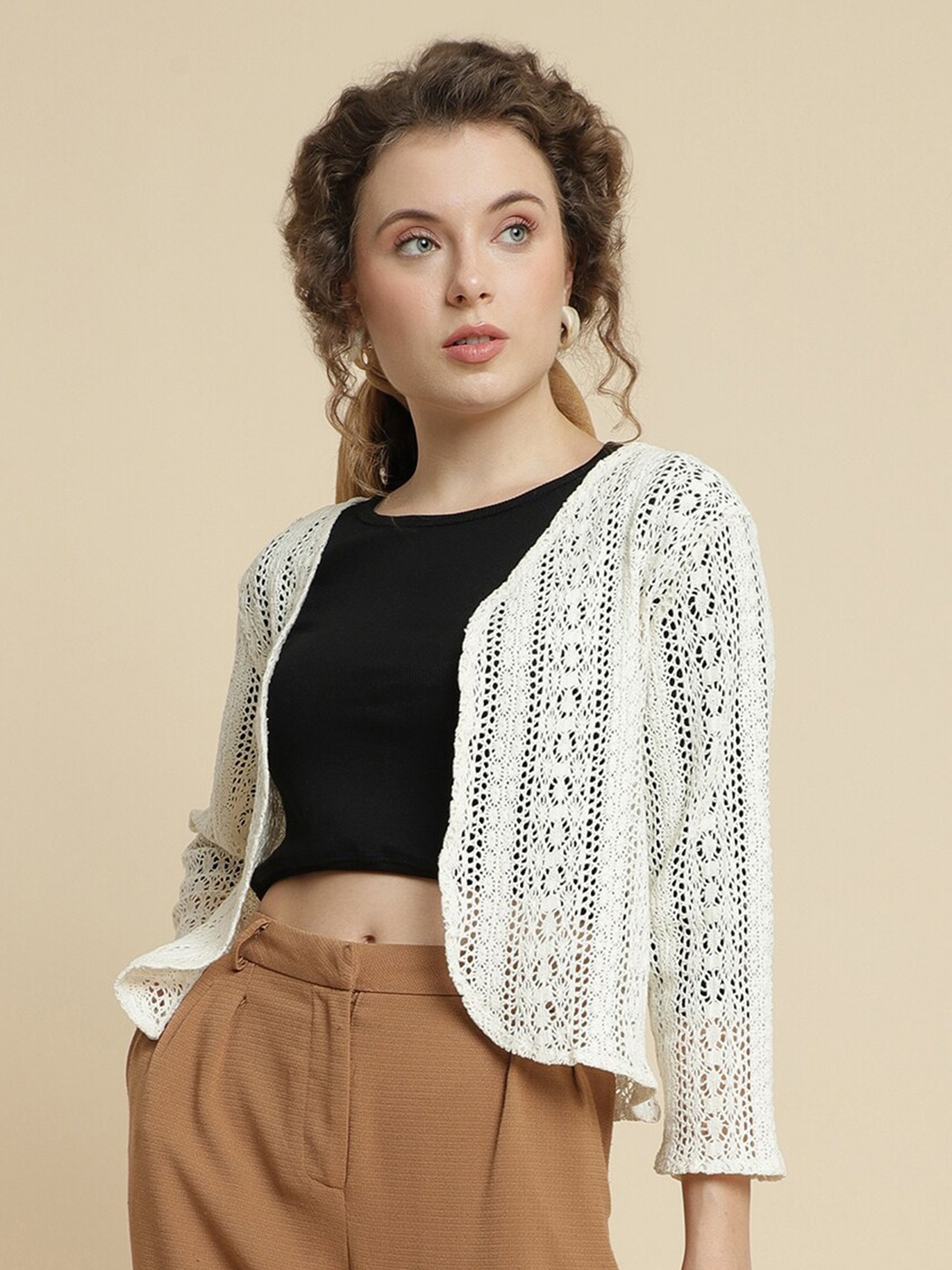 

UnaOne Self Design Lace Open Front Cotton Shrug, Beige