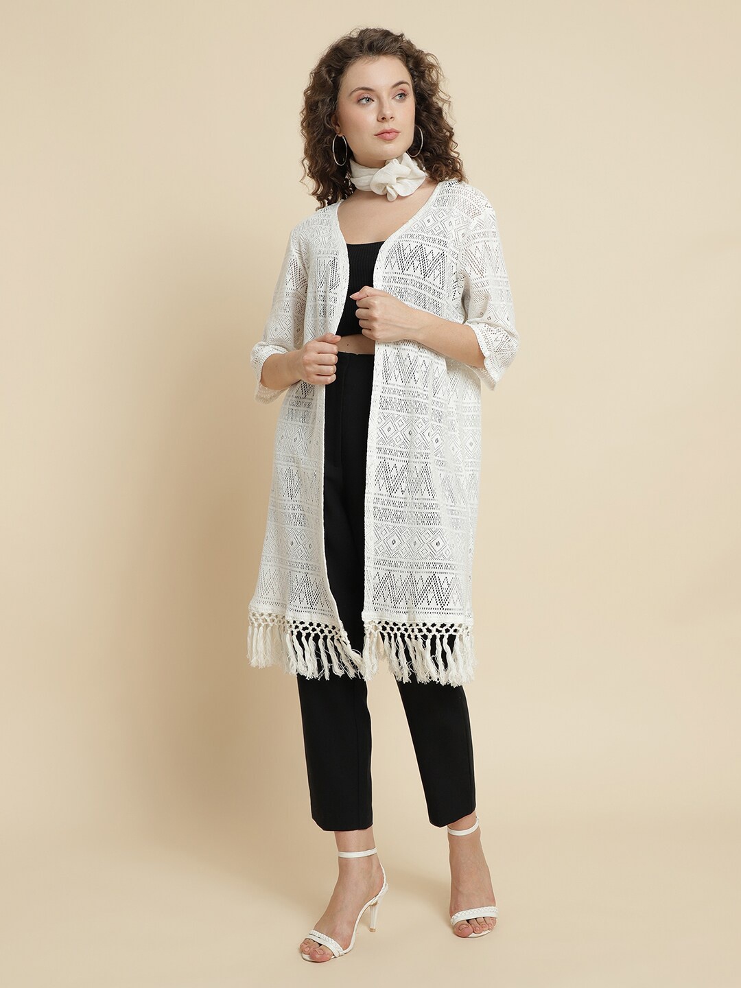 

UnaOne Self Design Lace Open Front Pure Cotton Longline Shrug, Off white