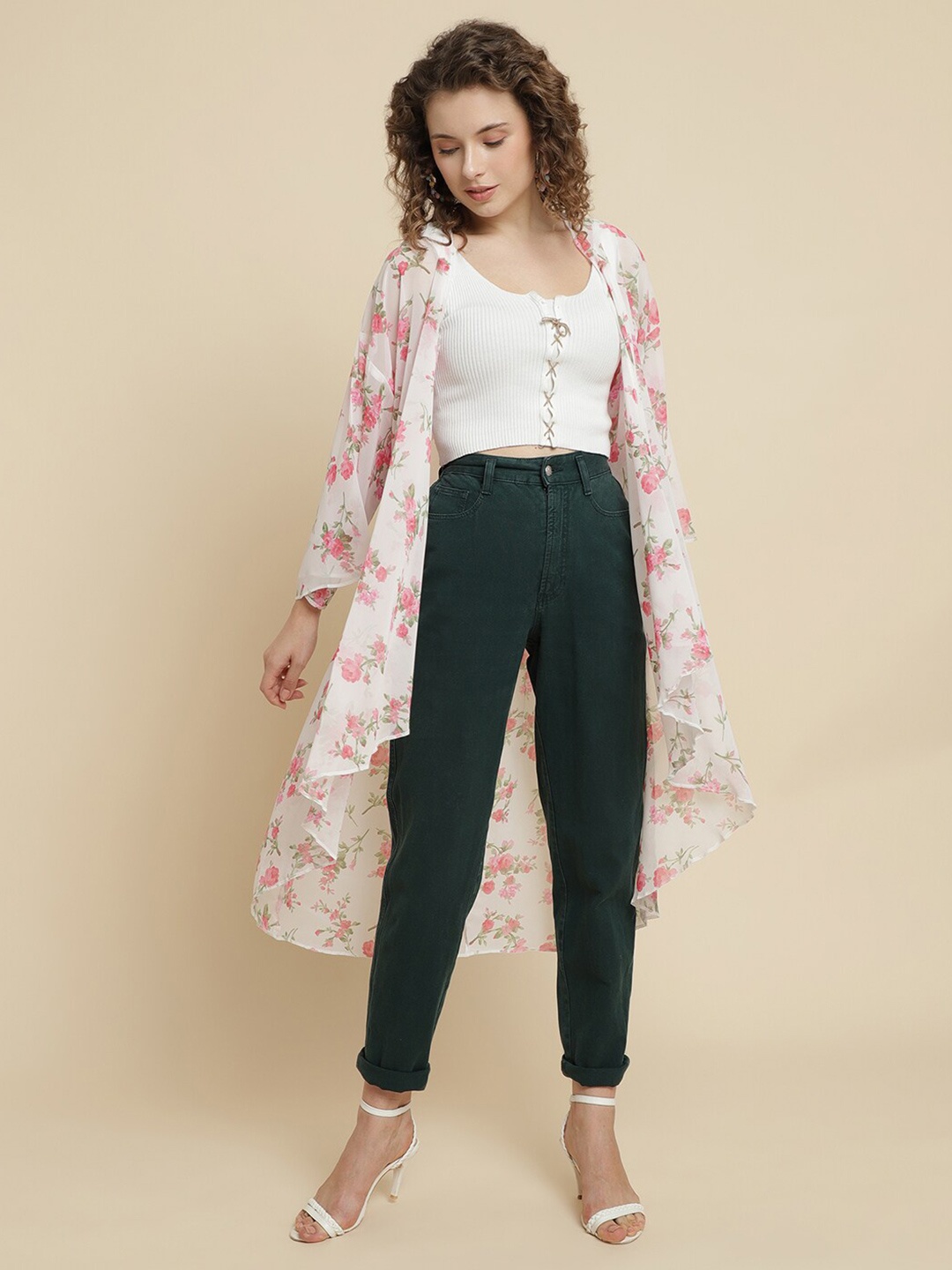 

UnaOne Floral Printed Longline Waterfall Shrug, White
