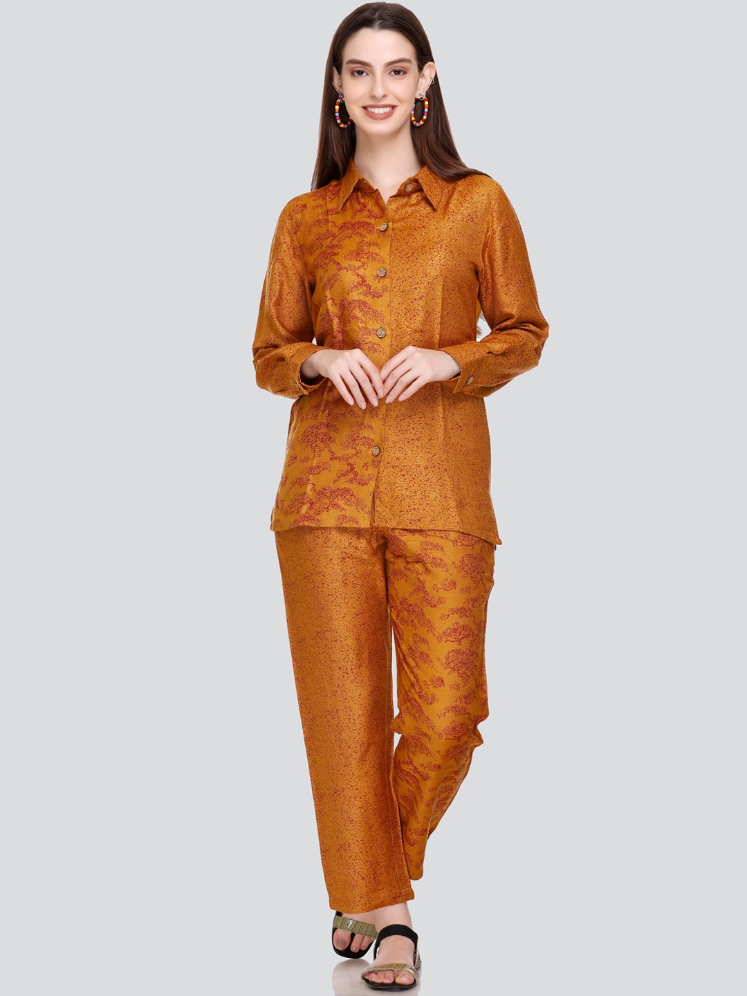 

HOUSE OF KIRNA'S WITH LOGO OF HOK Floral Woven Design Acrylic Shirt With Trousers Co-Ords, Mustard