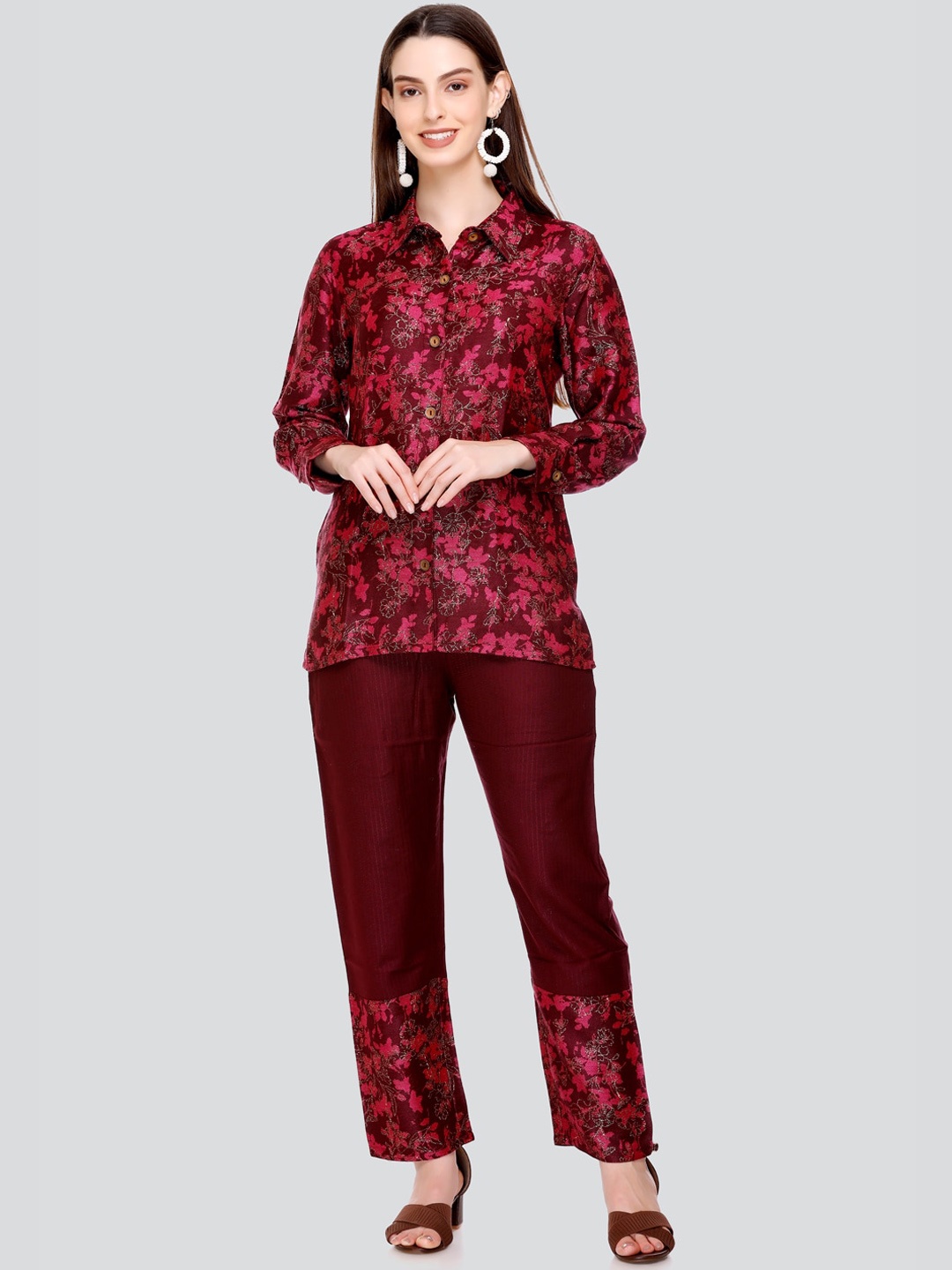 

HOUSE OF KIRNA'S WITH LOGO OF HOK Floral Woven Design Acrylic Shirt & Trousers Co-Ords, Maroon