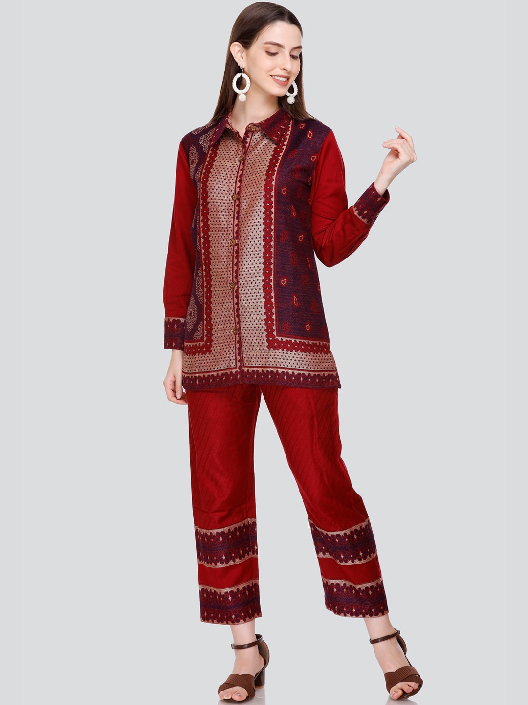 

HOUSE OF KIRNA'S WITH LOGO OF HOK Ethnic Motifs Woven Designed Acrylic Co-Ords, Red