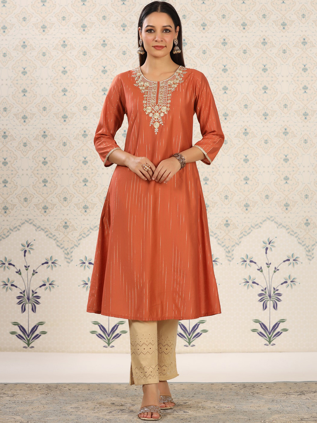 

Ode by House of Pataudi Yoke Design Thread Work Anarkali Kurta, Rust