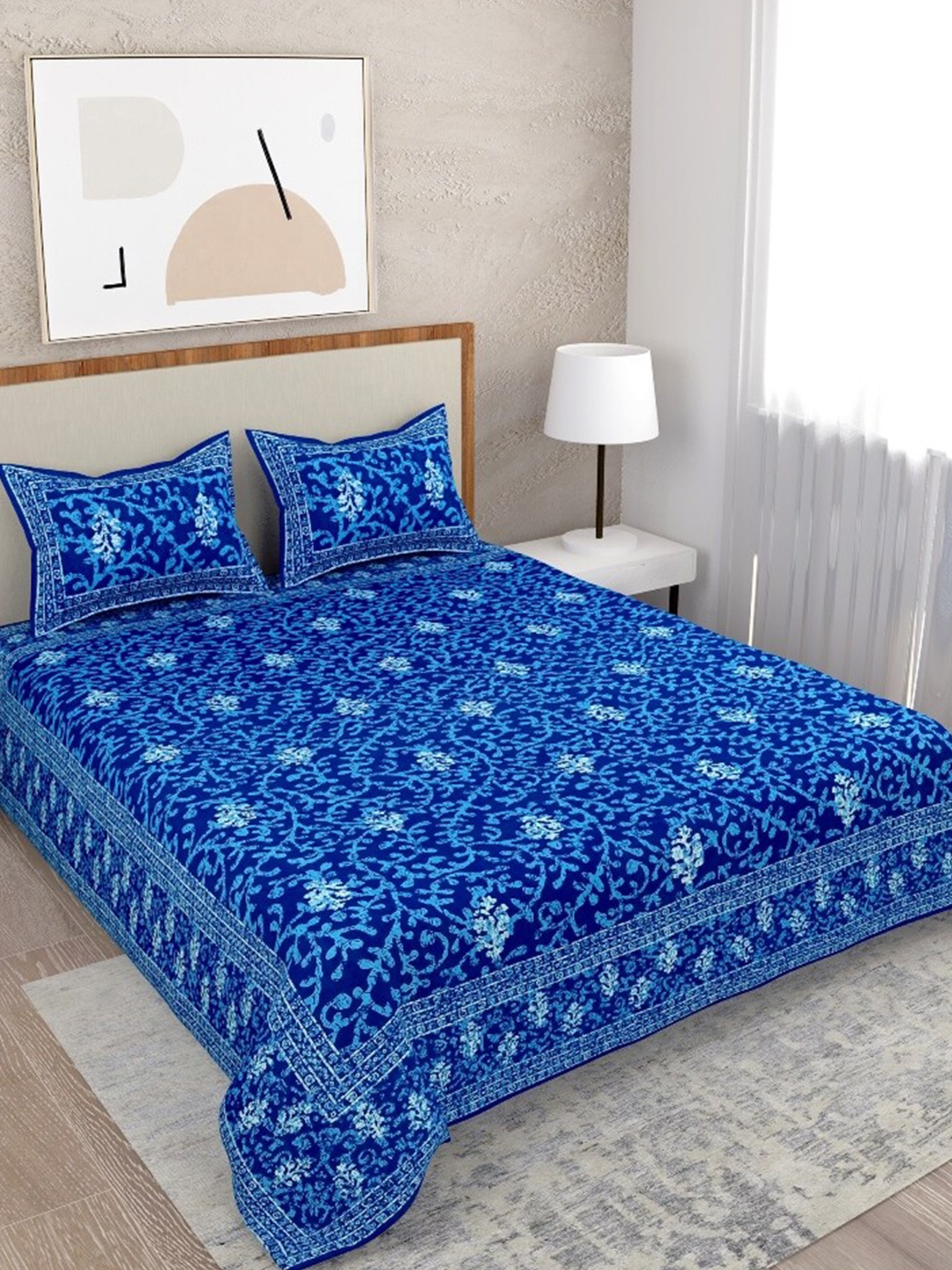 

Salona Bichona Blue Floral 120 TC Queen Bedsheet with 2 Pillow Covers