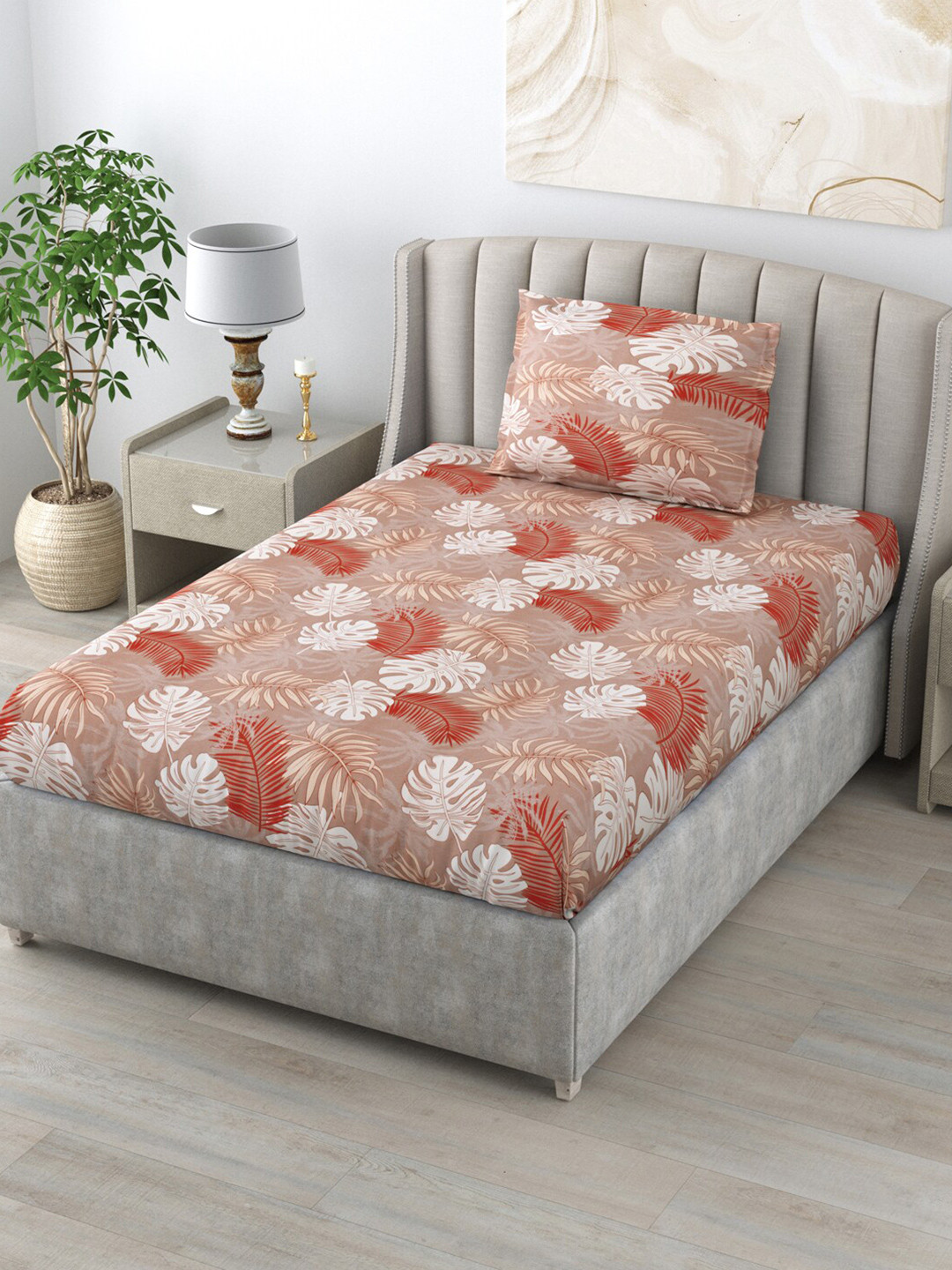 

Salona Bichona Peach-Coloured & White Floral 144 TC Single Bedsheet With 1 Pillow Cover
