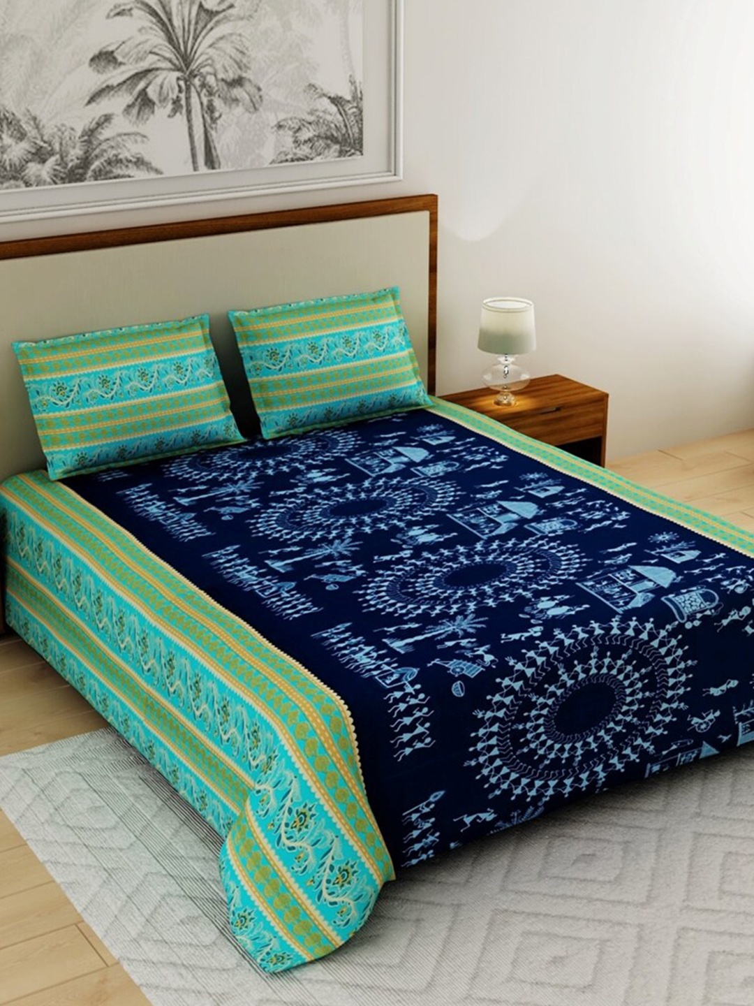 

Salona Bichona Gulmohar Blue Printed Pure Cotton 120 TC Queen Bedsheet & 2 Pillow Covers