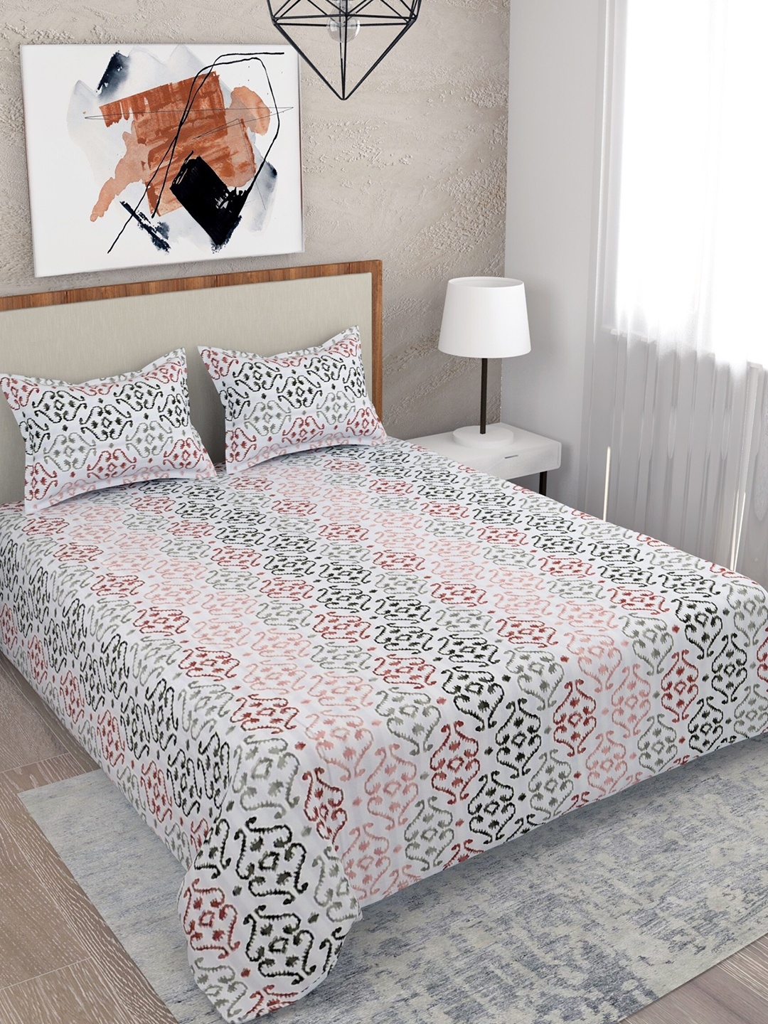 

Salona Bichona Red Ethnic Motifs Pure Cotton 210 TC King Bedsheet With 2 Pillow Covers
