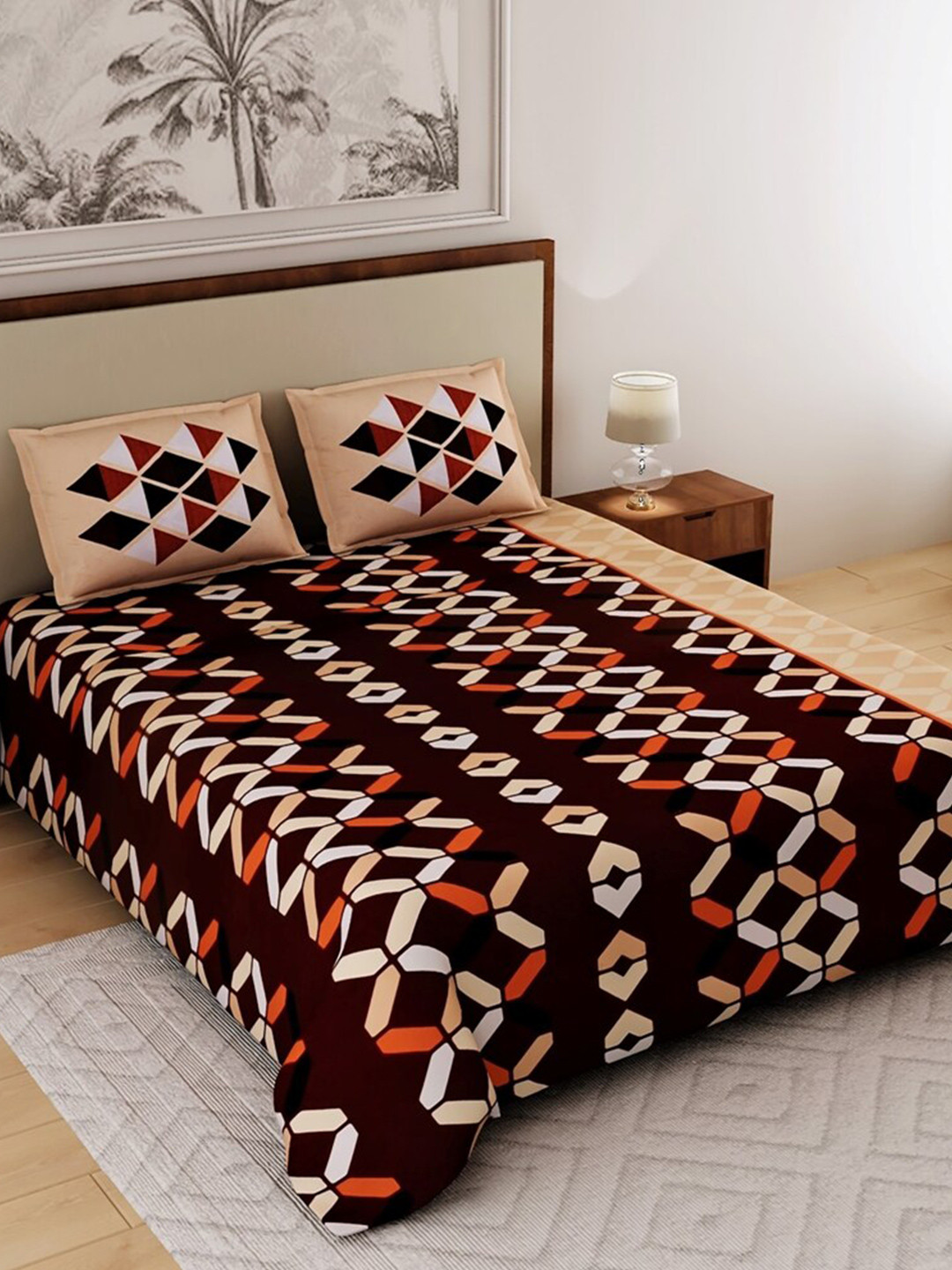 

Salona Bichona Peach-Coloured Geometric Pure Cotton 120 TC Queen Bedsheet & Pillow Covers