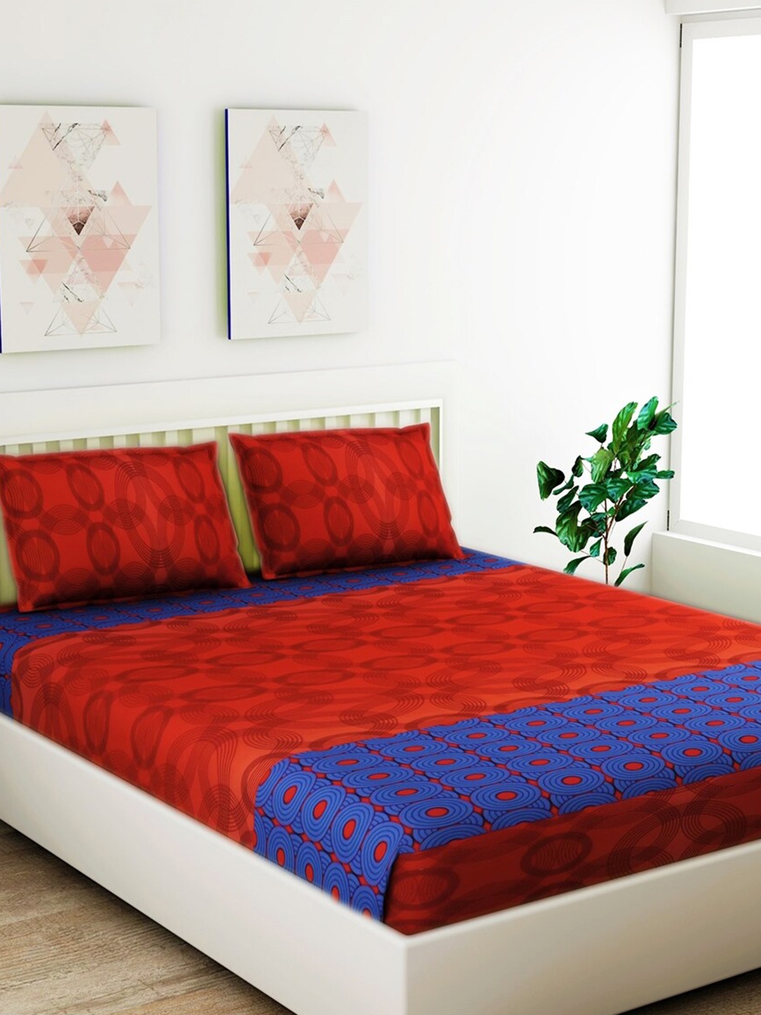 

Salona Bichona Red & Blue Ethnic Motifs Pure Cotton 120 TC Queen Bedsheet & Pillow Covers