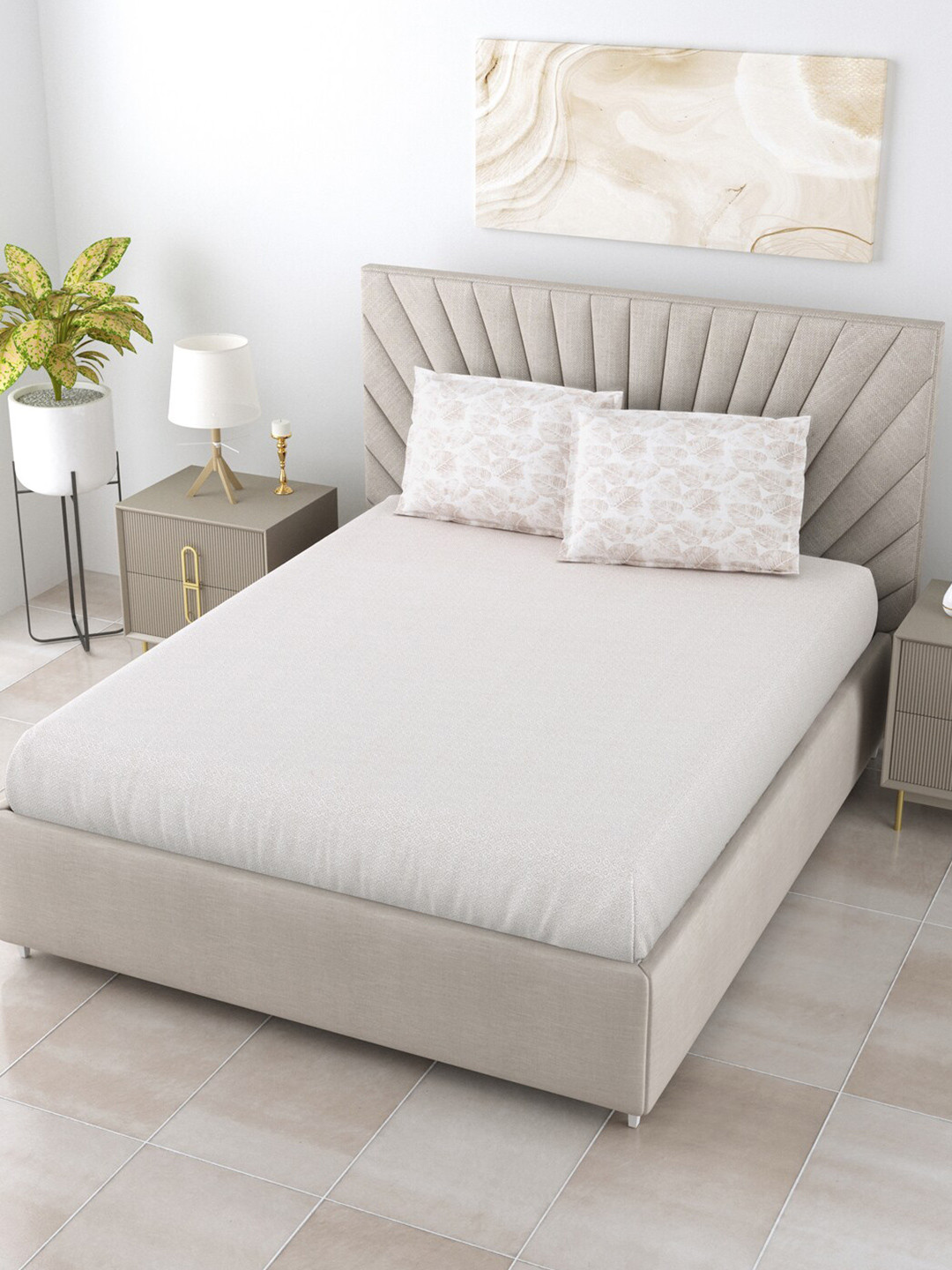 

Salona Bichona Invention Cream Pure Cotton 180 TC Queen Bedsheet With 2 Pillow Covers