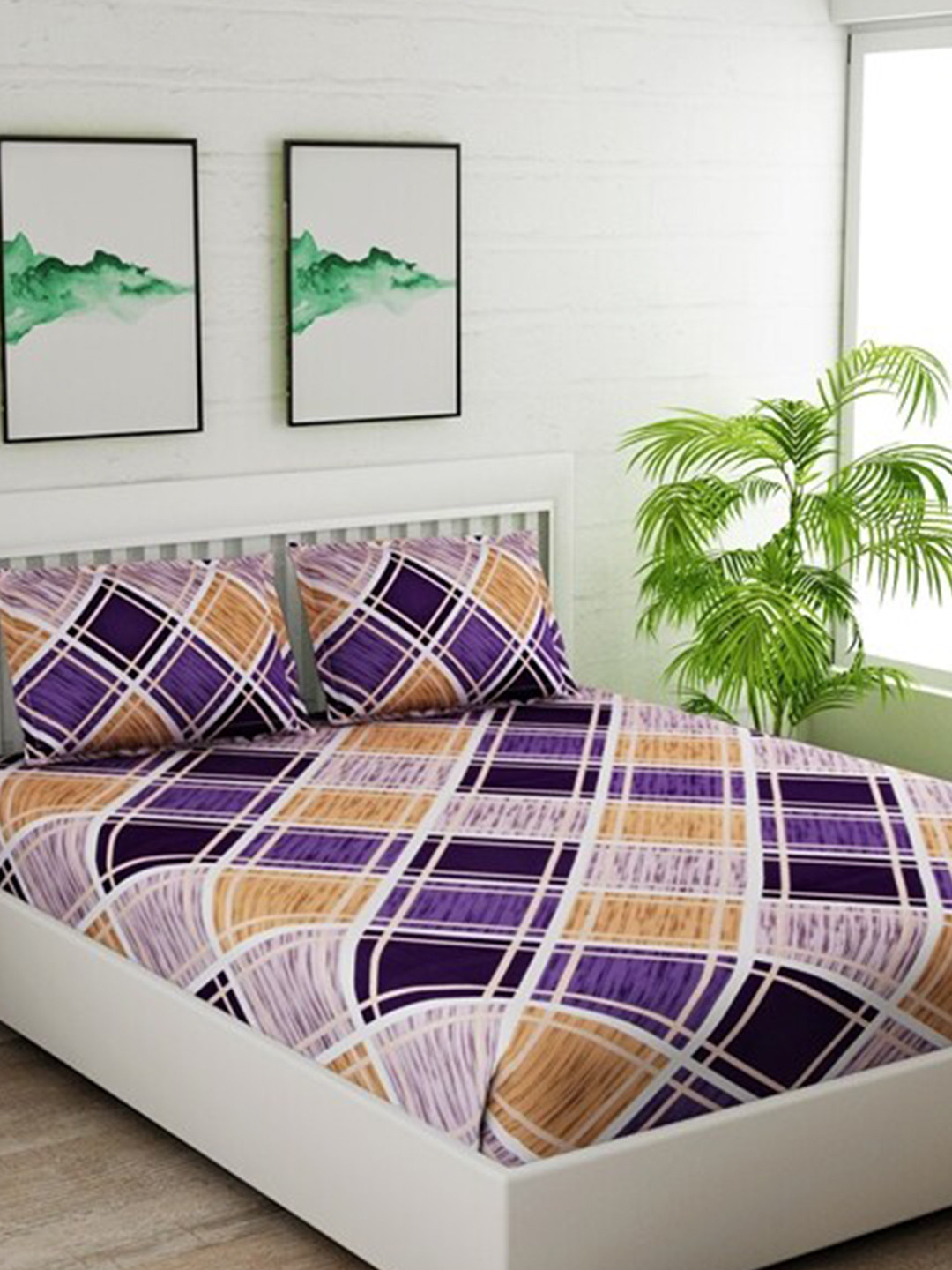 

Salona Bichona Purple & White Geometric Pure Cotton 180TC Queen Bedsheet & 2 Pillow Covers