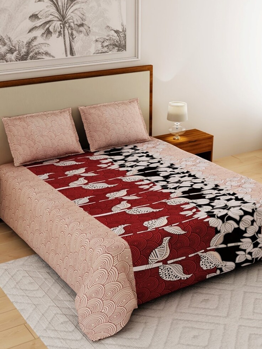 

Salona Bichona Peach & Maroon Printed Cotton 120 TC Queen Bedsheet with 2 Pillow Covers