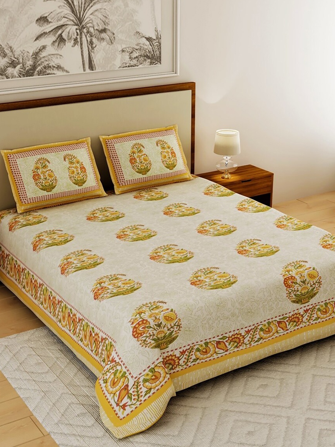 

Salona Bichona Cream & Brown Printed Cotton 120 TC Queen Bedsheet with 2 Pillow Covers
