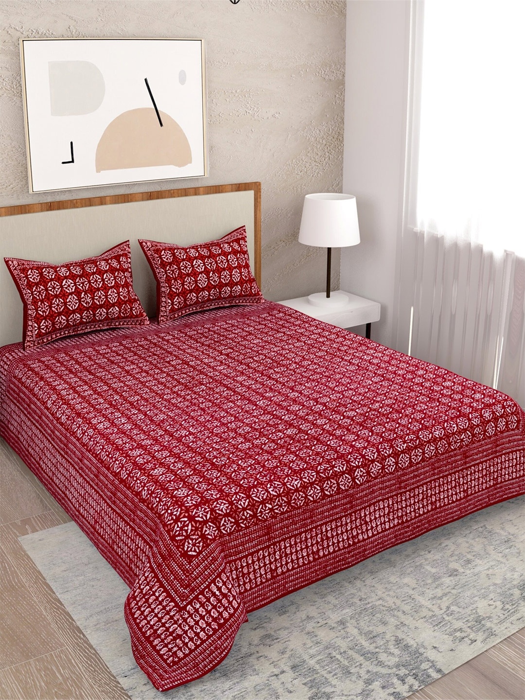 

Salona Bichona Red & White Geometric 120 TC Queen Bedsheet with 2 Pillow Covers