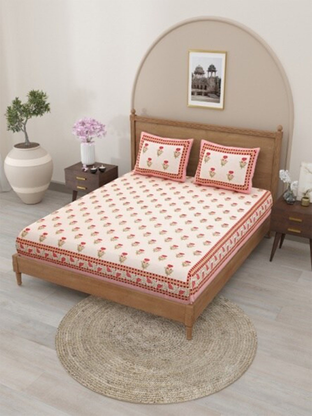 

Salona Bichona Pink & Green Floral Pure Cotton 120 TC Queen Bedsheet With 2 Pillow Covers