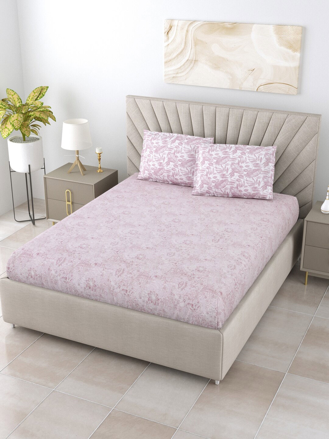 

Salona Bichona Pink & White Floral Pure Cotton 180 TC Queen Bedsheet With 2 Pillow Covers