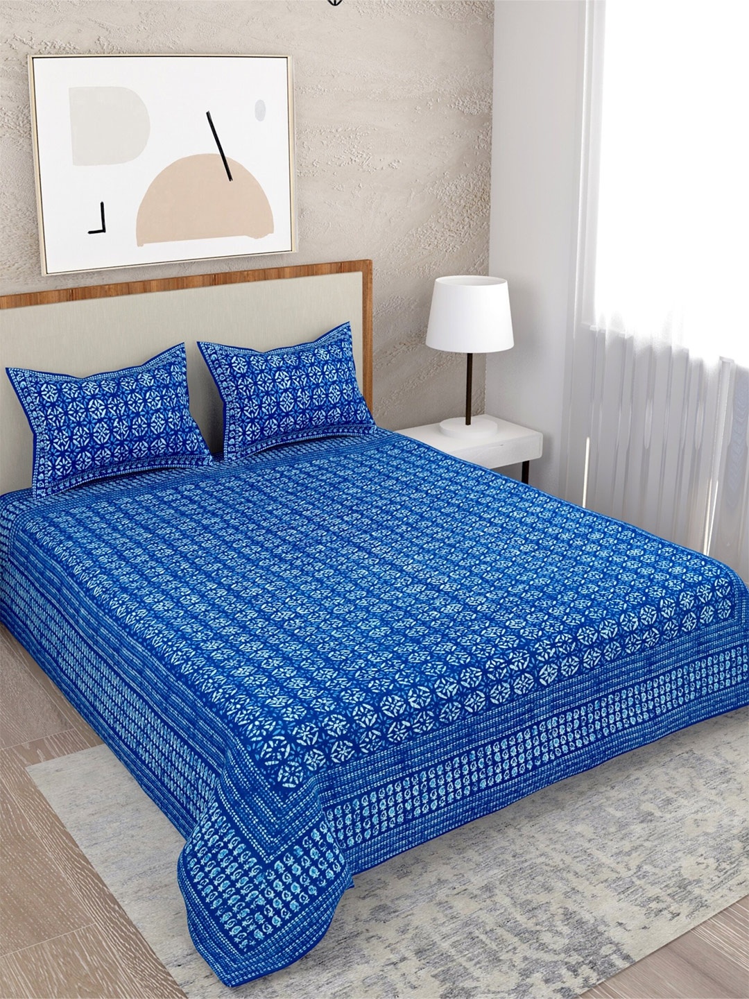 

Salona Bichona Blue Ethnic Motifs 120 TC Queen Bedsheet With 2 Pillow Covers