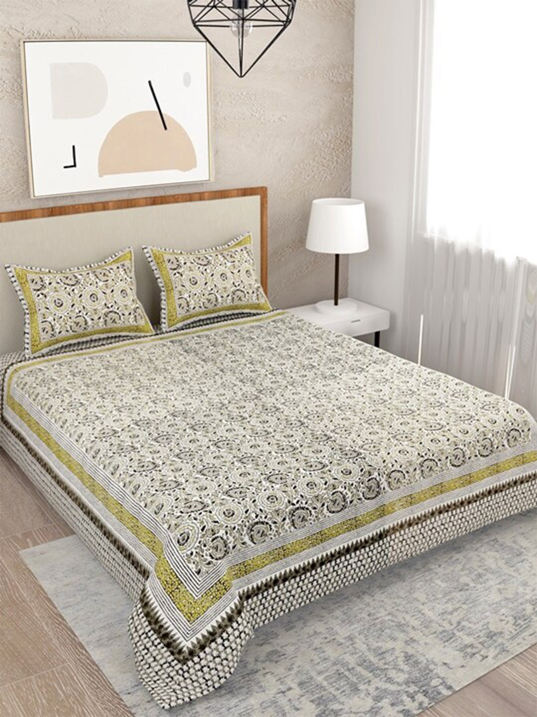 

Salona Bichona Jaipuri Grey Floral Pure Cotton 120 TC Queen Bedsheet & 2 Pillow Covers
