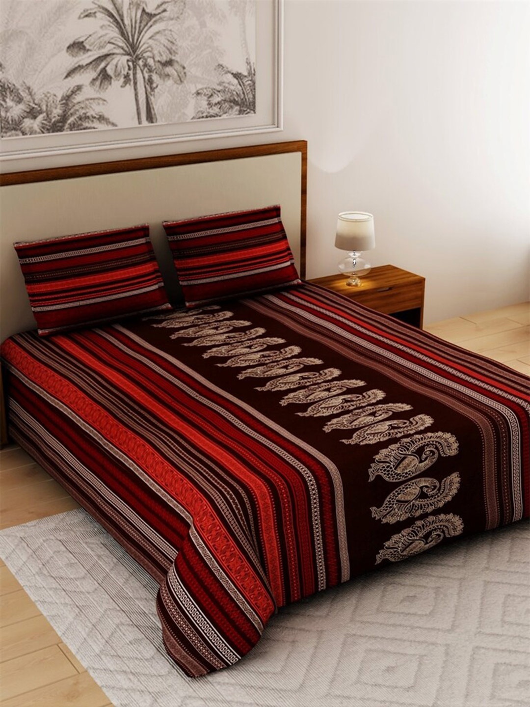 

Salona Bichona Brown & Red Striped Pure Cotton 120 TC Queen Bedsheet With 2 Pillow Covers