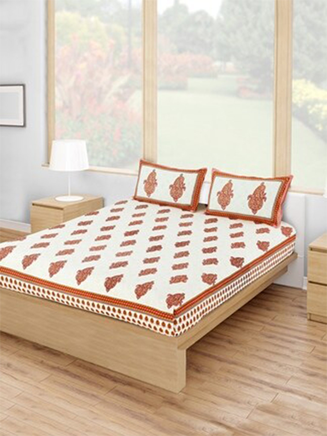 

Salona Bichona Jaipuri White Floral Pure Cotton 120 TC Queen Bedsheet with 2 Pillow Covers