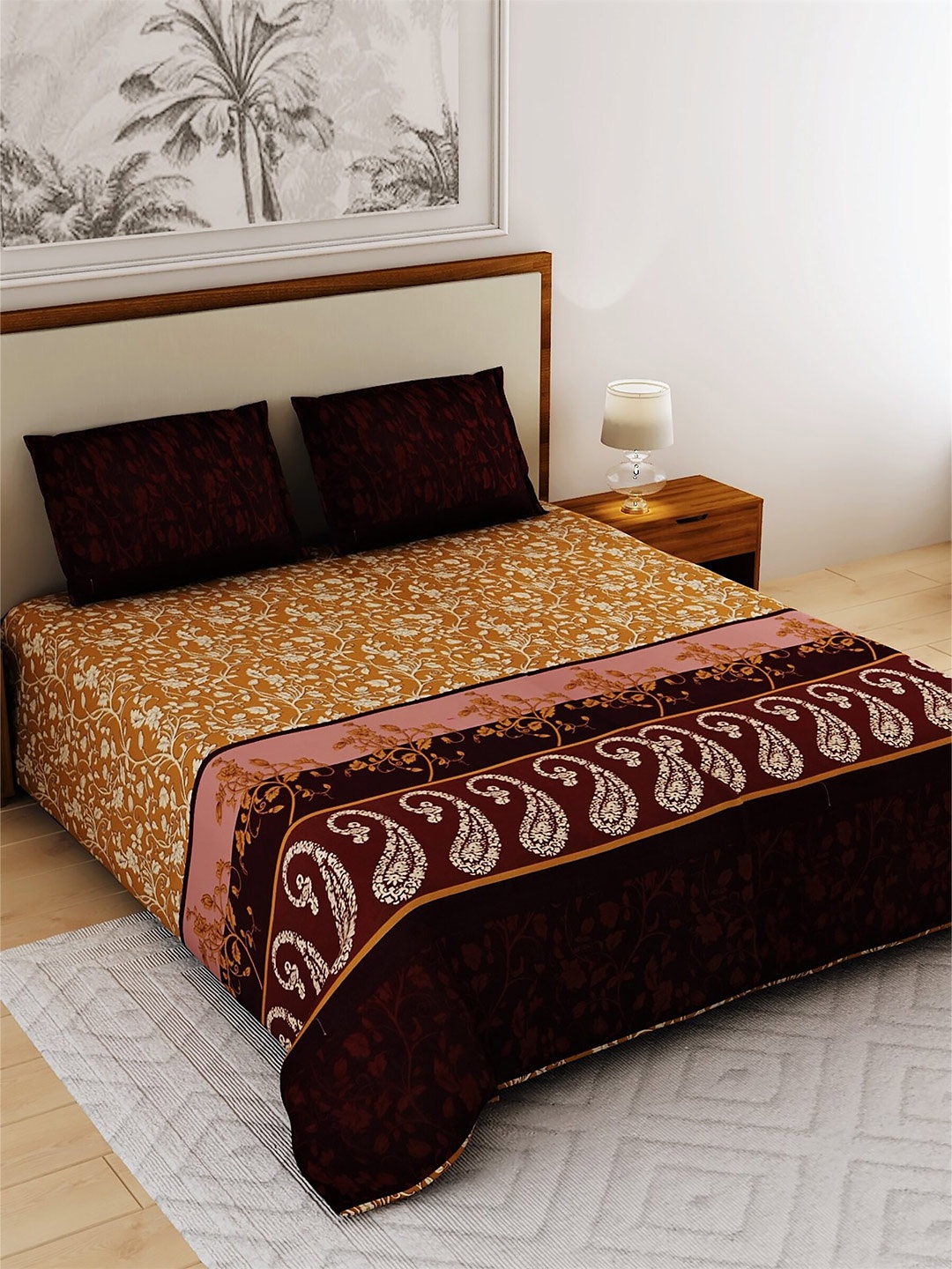 

Salona Bichona Brown Ethnic Motifs Pure Cotton 120 TC King Bedsheet & 2 Pillow Covers