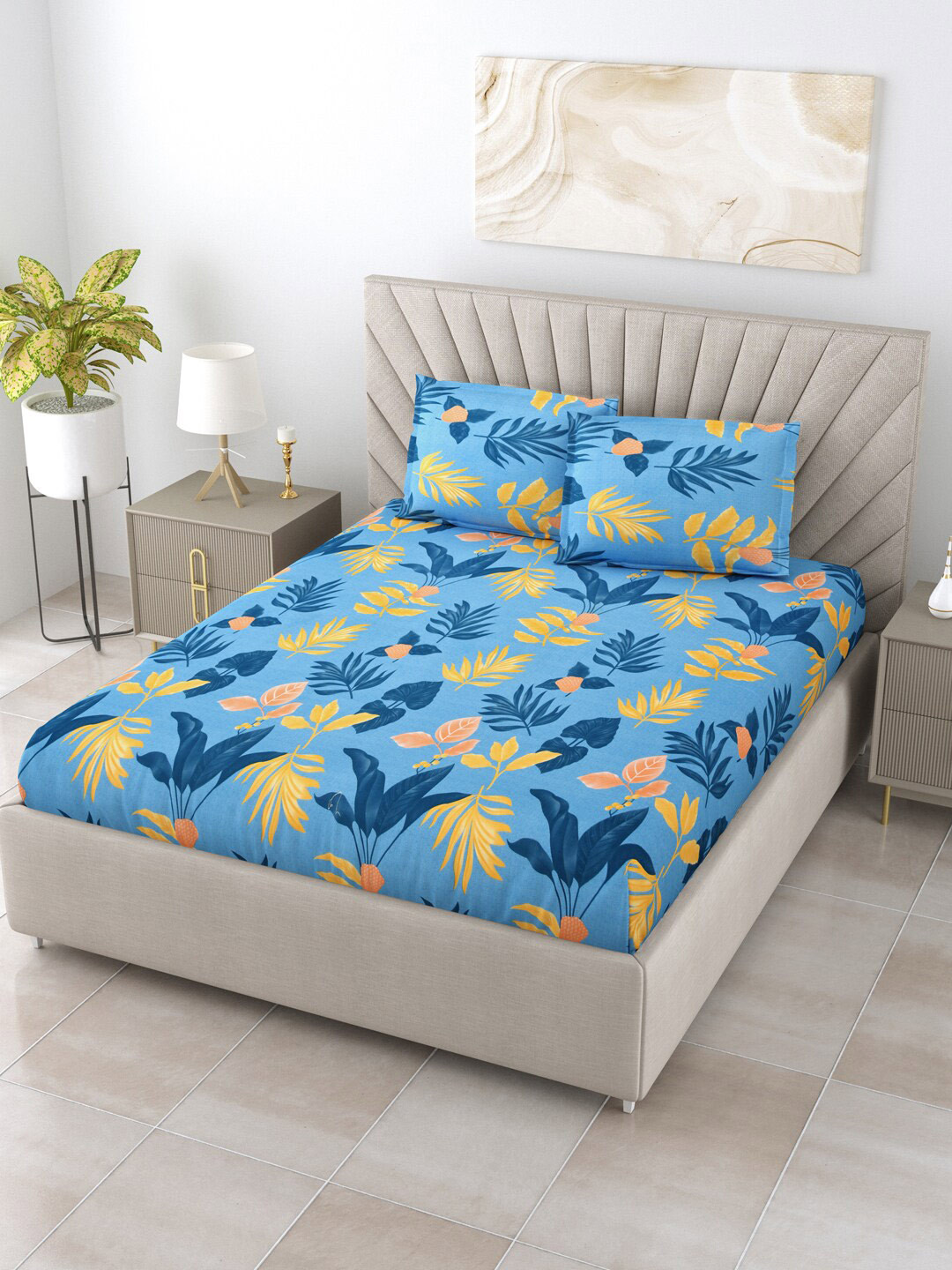 

Salona Bichona Impression Blue & Yellow Floral 144 TC Queen Bedsheet with 2 Pillow Covers