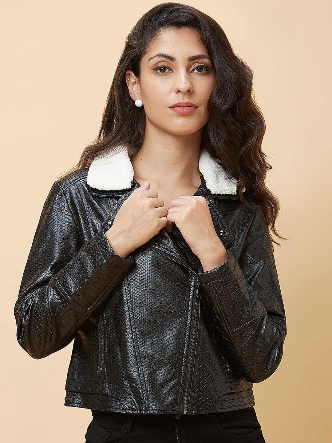

Globus Spread Collar Crop Biker Jacket With Faux Fur Trim, Black