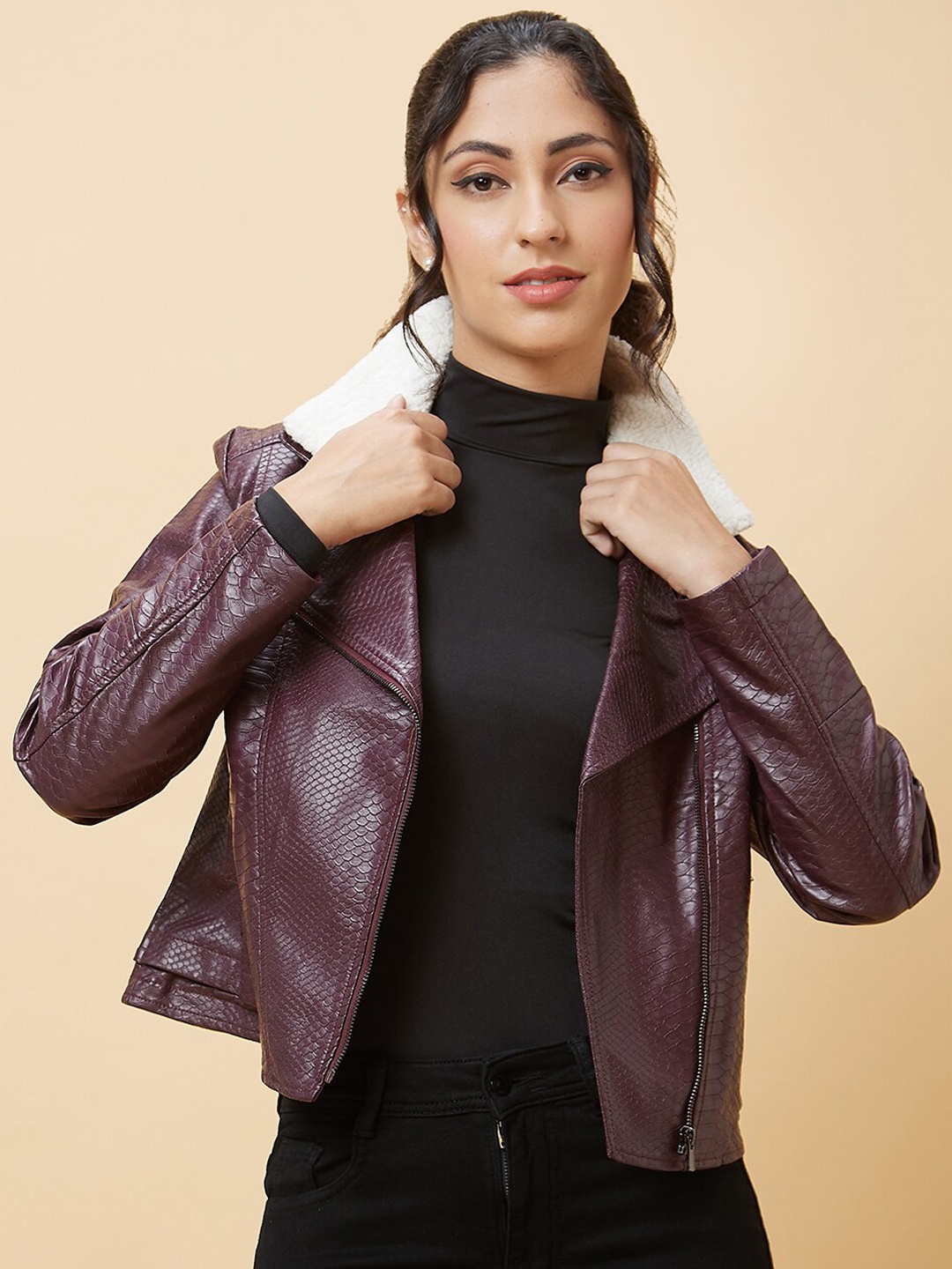 

Globus Lapel Collar Biker Jacket, Maroon