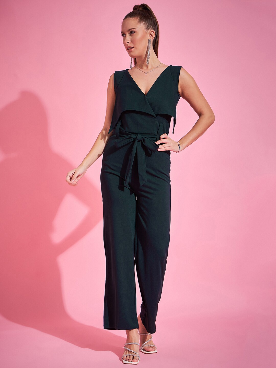 

Purple Feather V-Neck Basic Jumpsuit, Green