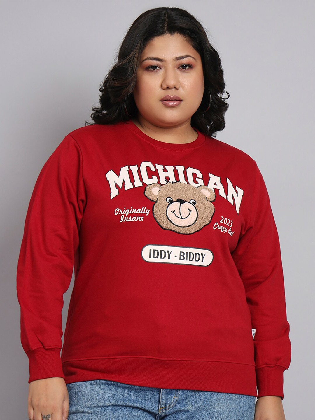 

BEYOUND SIZE - THE DRY STATE Plus Size Typography Printed Fleece Sweatshirt, Red