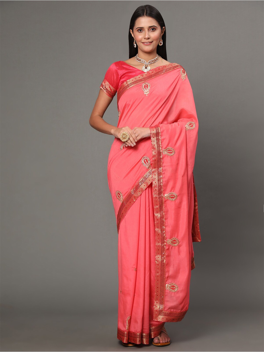 

GoStyle Ethnic Motifs Embroidered Pure Georgette Kota Saree, Pink