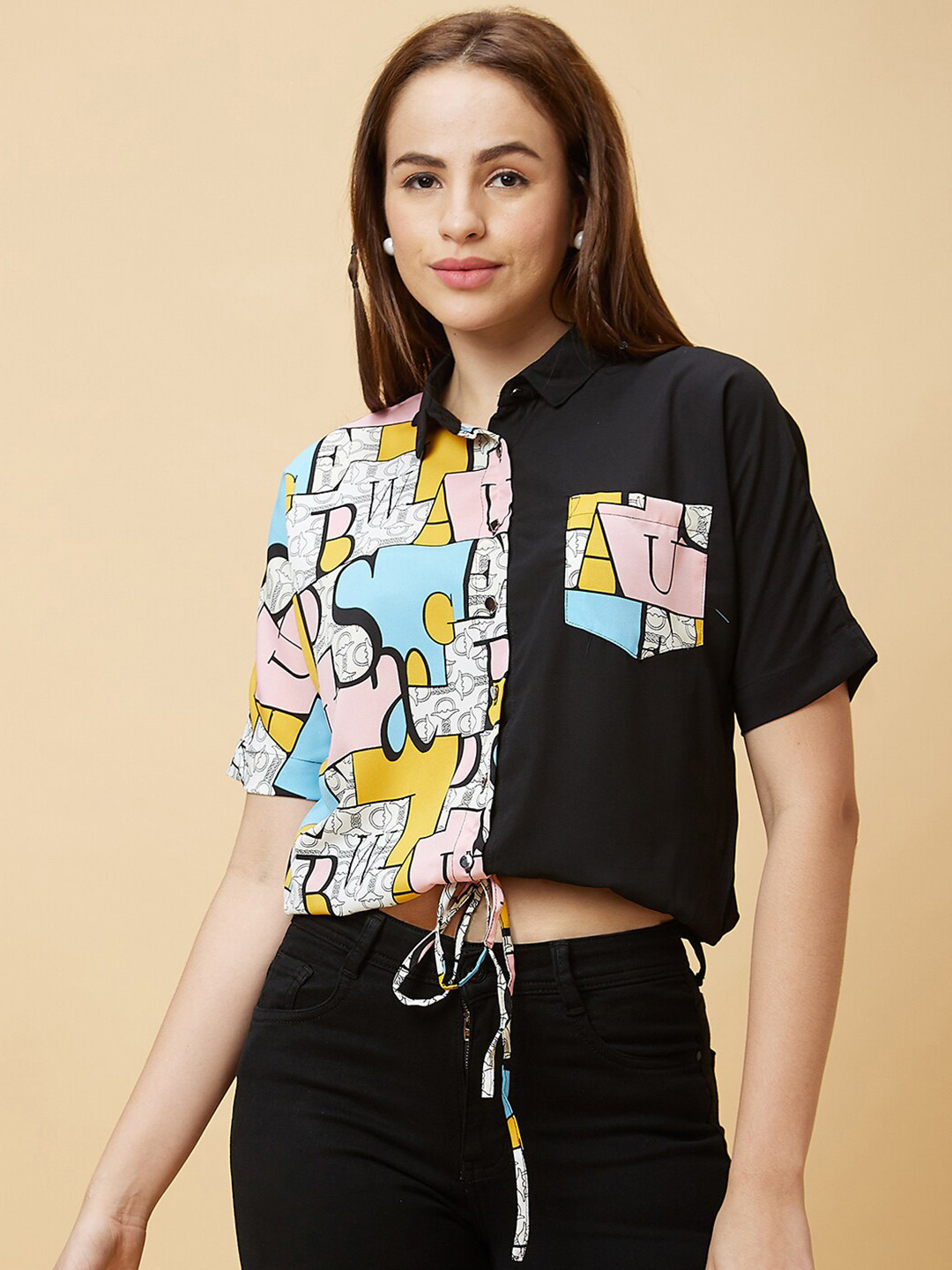 

Globus Colourblocked Tie-Ups Detail Shirt Style Crop Top, Pink