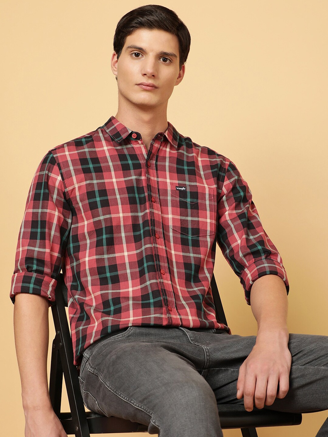 

Wrangler Tartan Checks Standard Twill Cotton Casual Shirt, Red