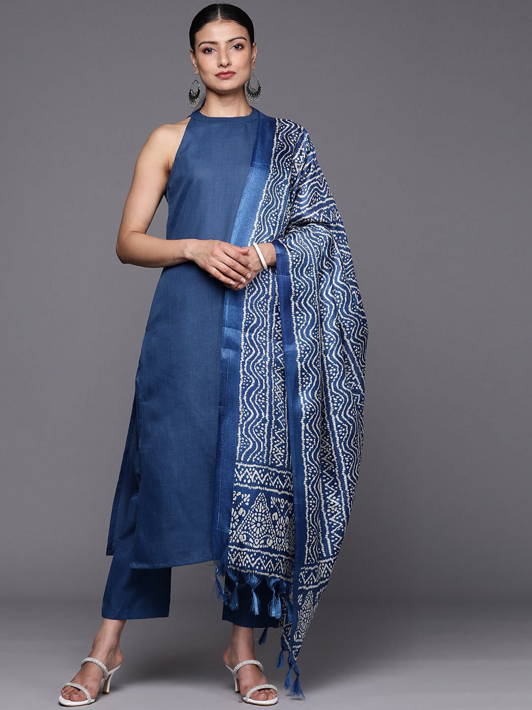 

KALINI Sleeveless Pure Cotton Kurta & Trousers With Dupatta, Blue