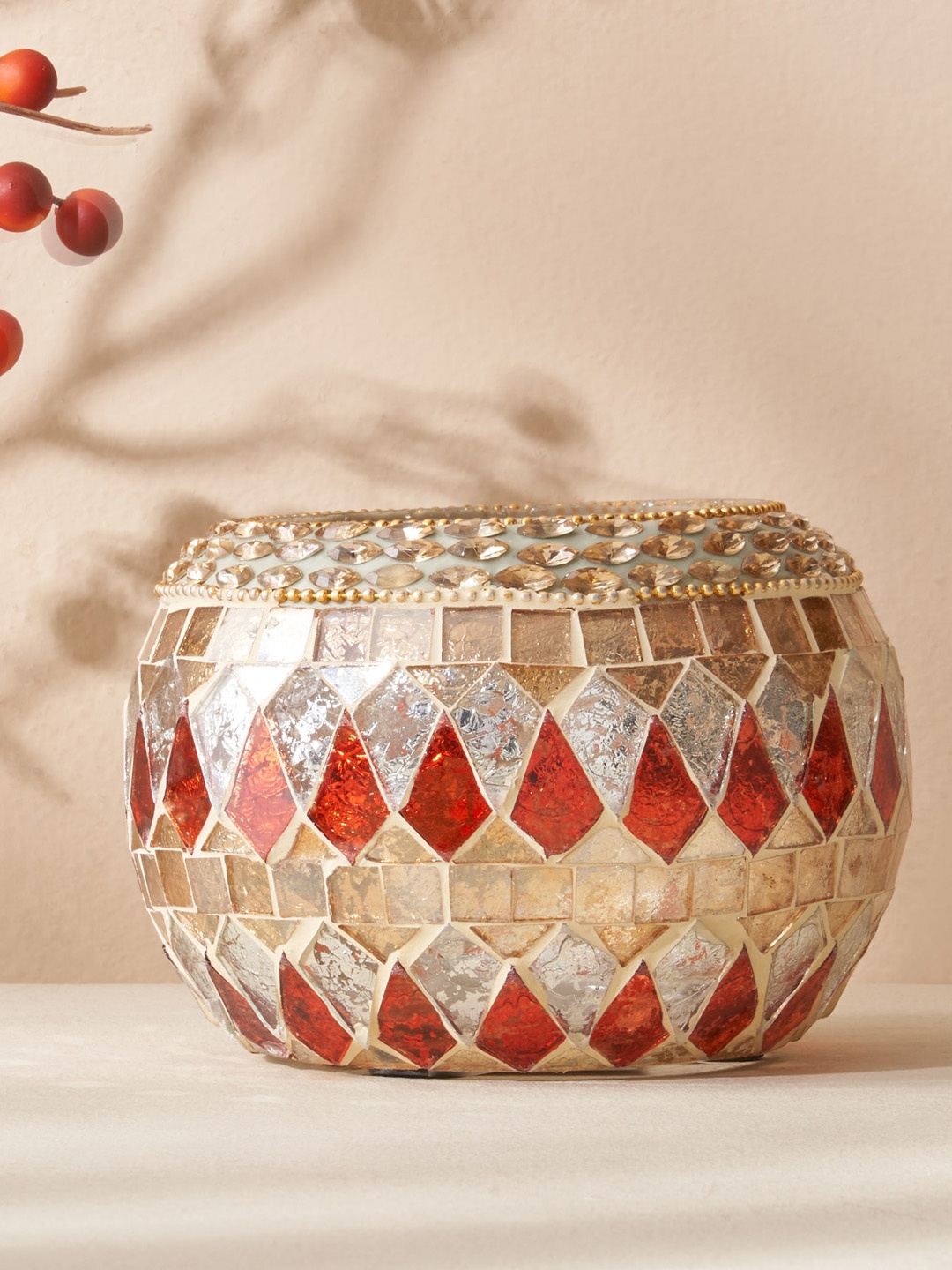 

Home Centre Corsica Gold Toned & Orange Mabel Glass Mosaic T-Light Candle Holder, Beige