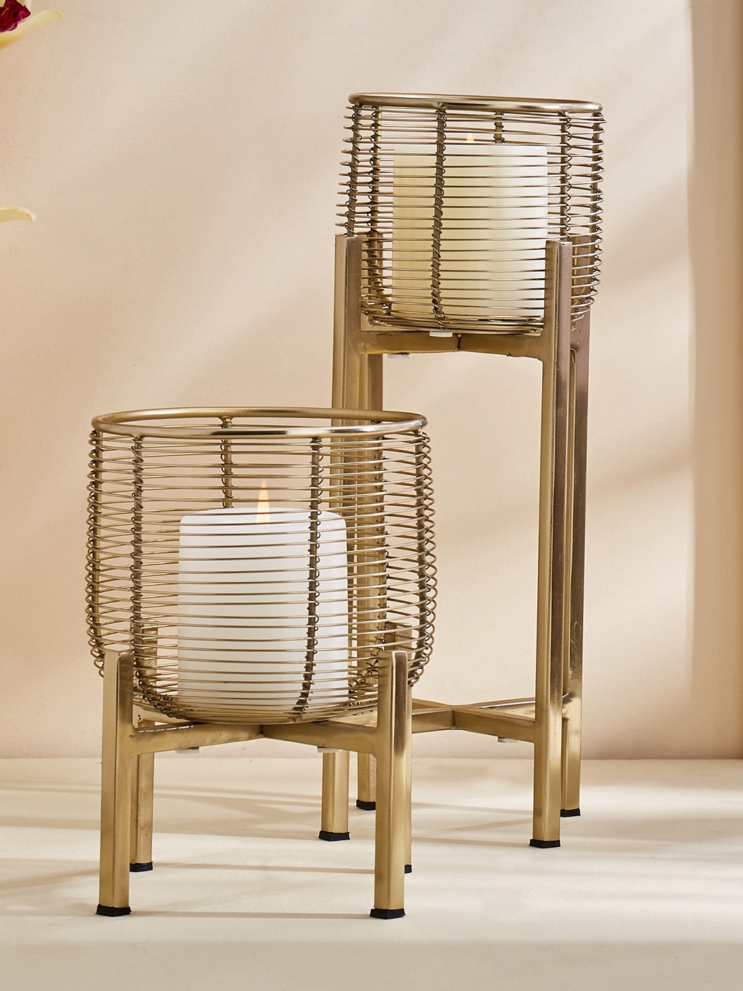 

Home Centre Gold Iron Wired Hurricane Candle Holder With Stand