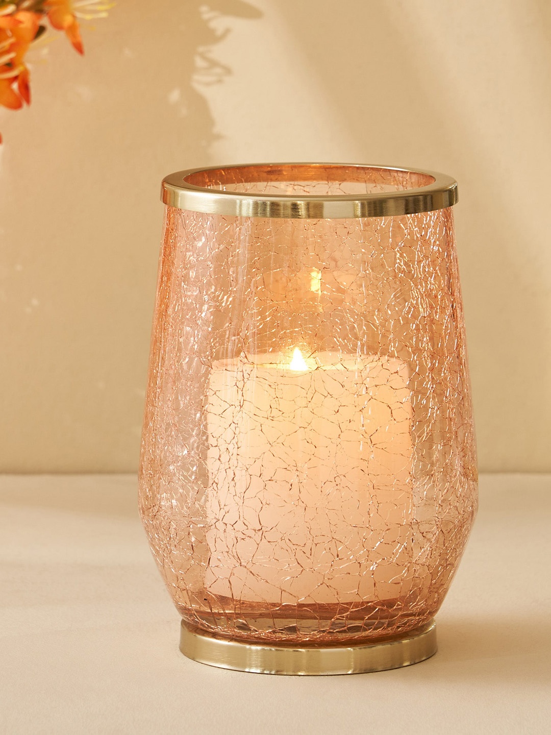

Home Centre Brian Macia Peach Glass Crackle Hurricane Candle Holder