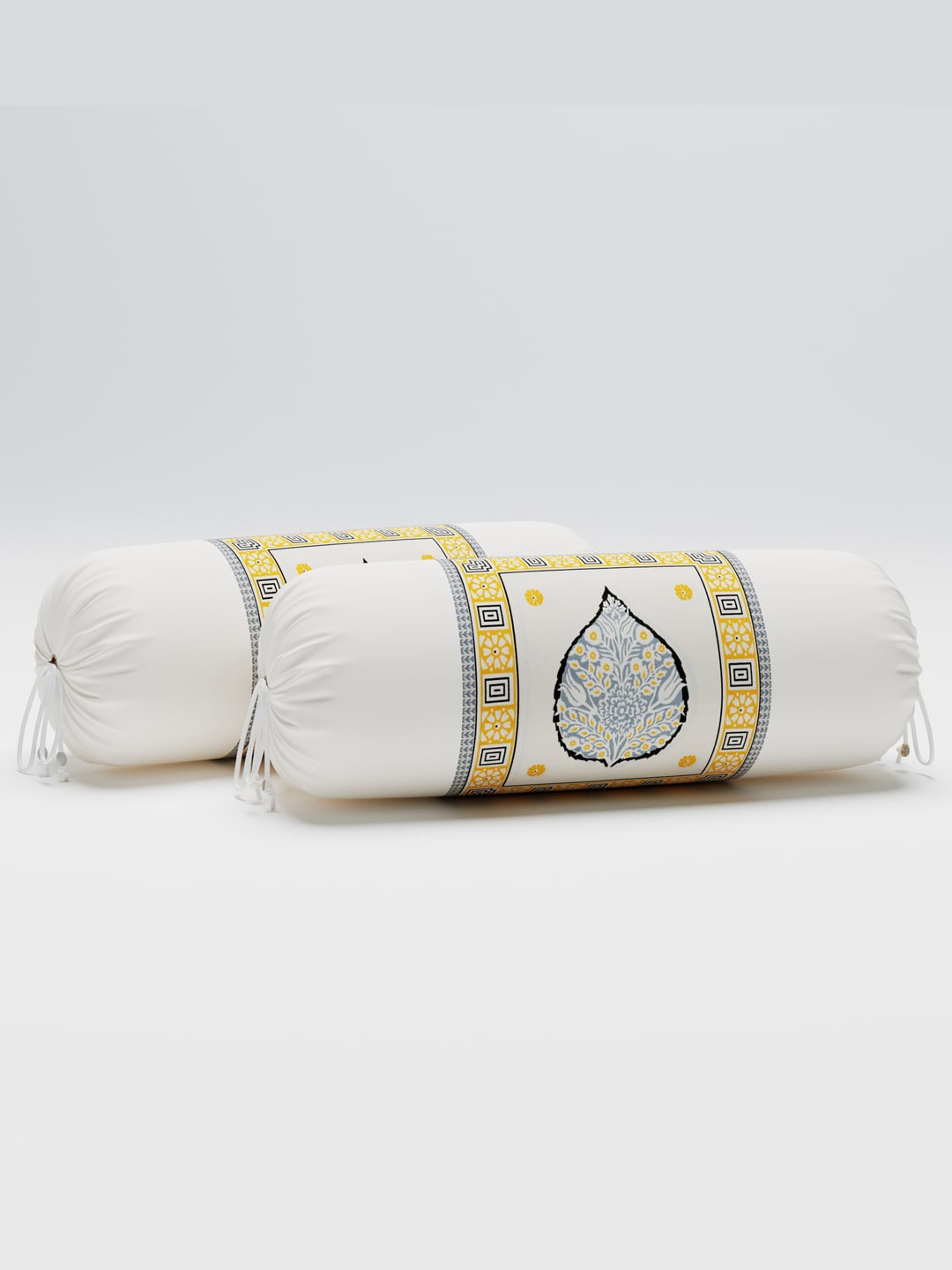 

Salona Bichona White & Yellow 2 Pieces Printed Pure Cotton 120 TC Bolster Covers