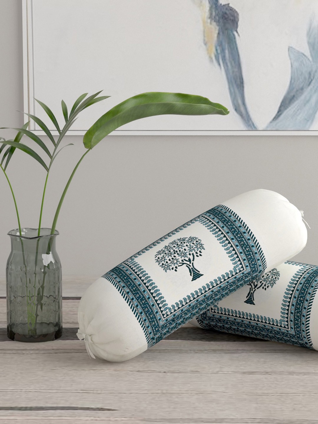 

Salona Bichona White & Blue 2 Pieces Printed Pure Cotton 120 TC Bolster Covers, Multi