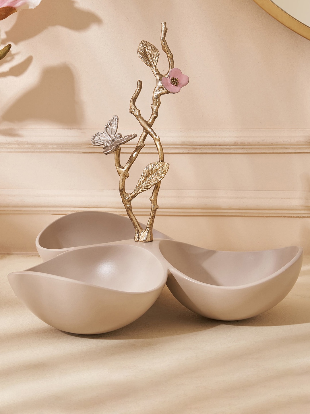 Home Centre Eternity Vivere Beige Brass Decorative Tri Bowl