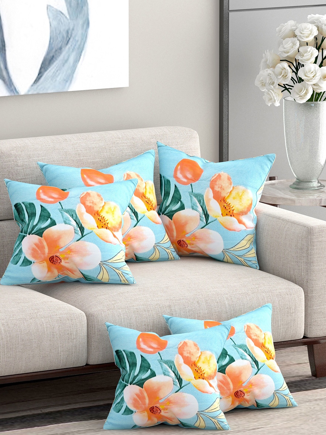

Salona Bichona Blue & Orange Set of 5 Floral Square Cushion Covers