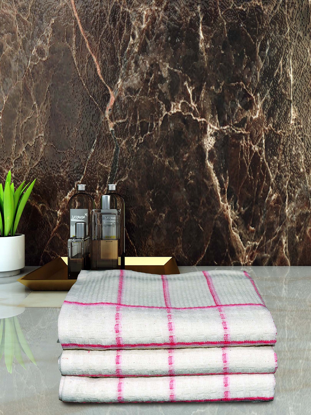 

Athom Living Pink 4-Pieces Checked 120 GSM Pure Cotton Quick Dry Hand Towels