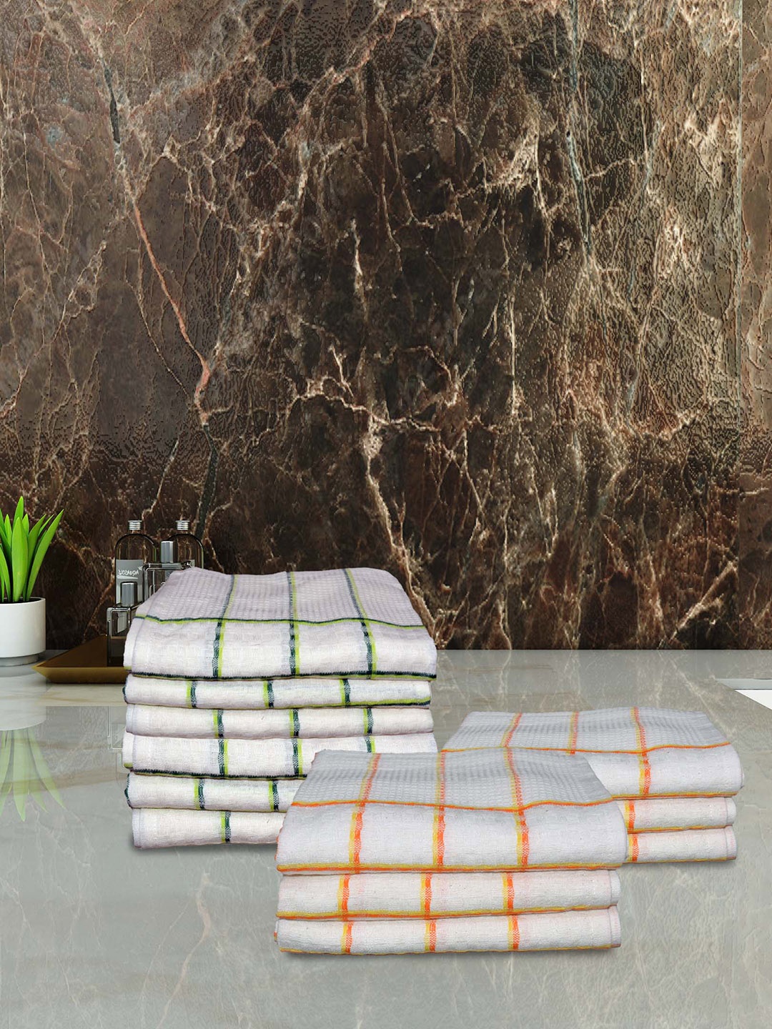 

Athom Living White & Green 12 Pieces Striped Cotton Hand Towels