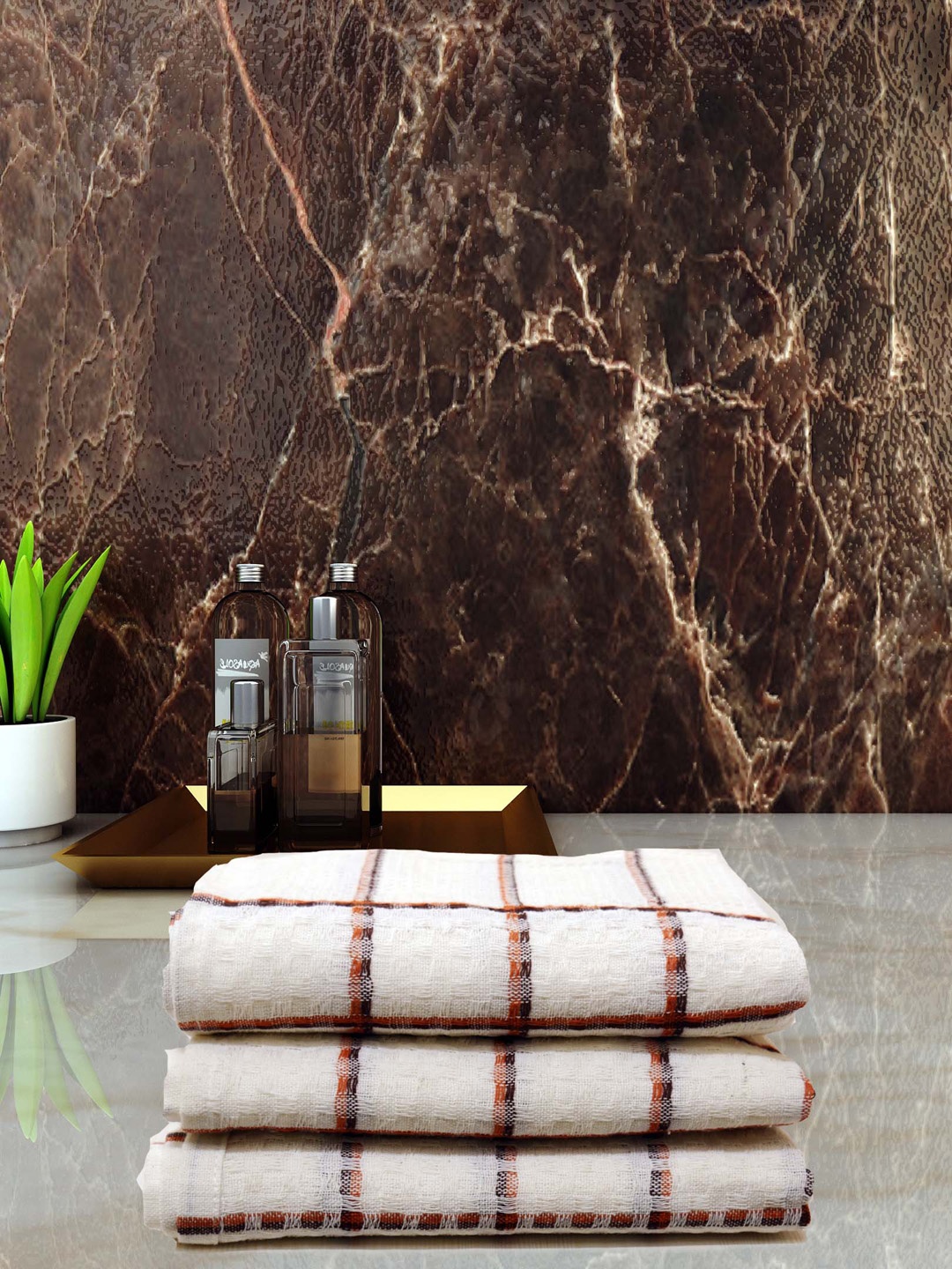 

Athom Living White 3-Pieces Striped Cotton Hand Towels, Brown