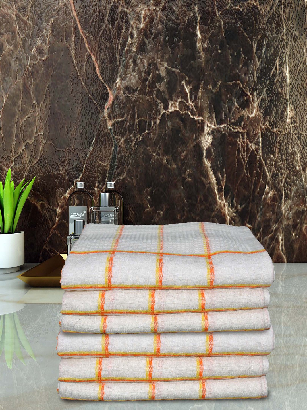 

Athom Living Orange & White 6-Pieces Checked 210 GSM Pure Cotton Quick Dry Hand Towels