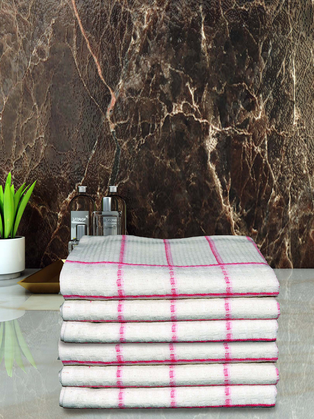 

Athom Living White & Pink 6 Pieces Checked Pure Cotton 210 GSM Quick Dry Hand Towels